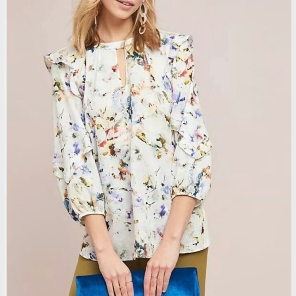 Anthropologie Dolan XS Araminta Ruffled Floral Mixed-Media Pullover Blouse Top‎